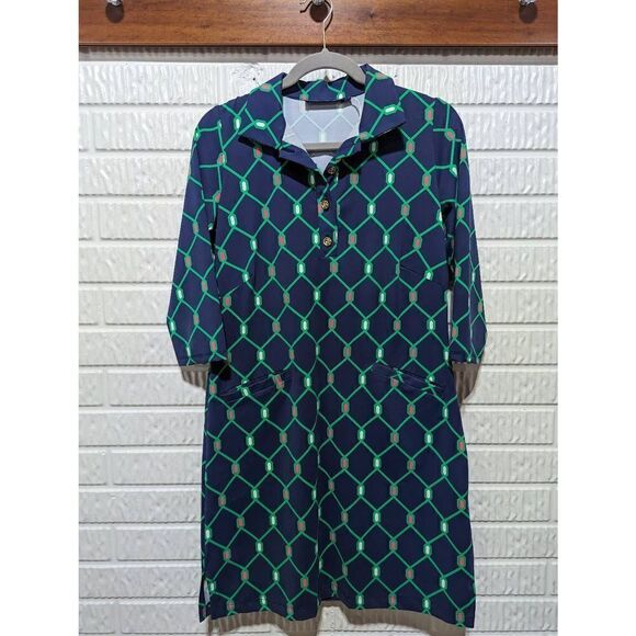 Katherine Way Women's Green Blue Nylon Front Pockets Gold Button Dress Small - Picture 1 of 6